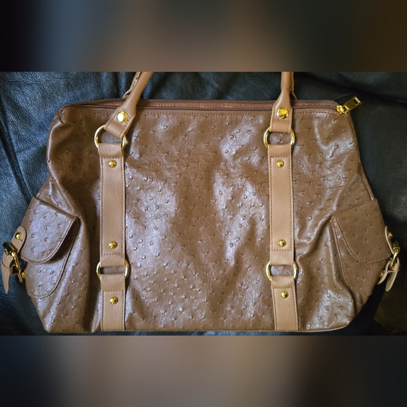 mark. Handbags - mark. Light Brown Faux Ostrich Medoum Travel Tote with Gold Accents 16"×12"×5"